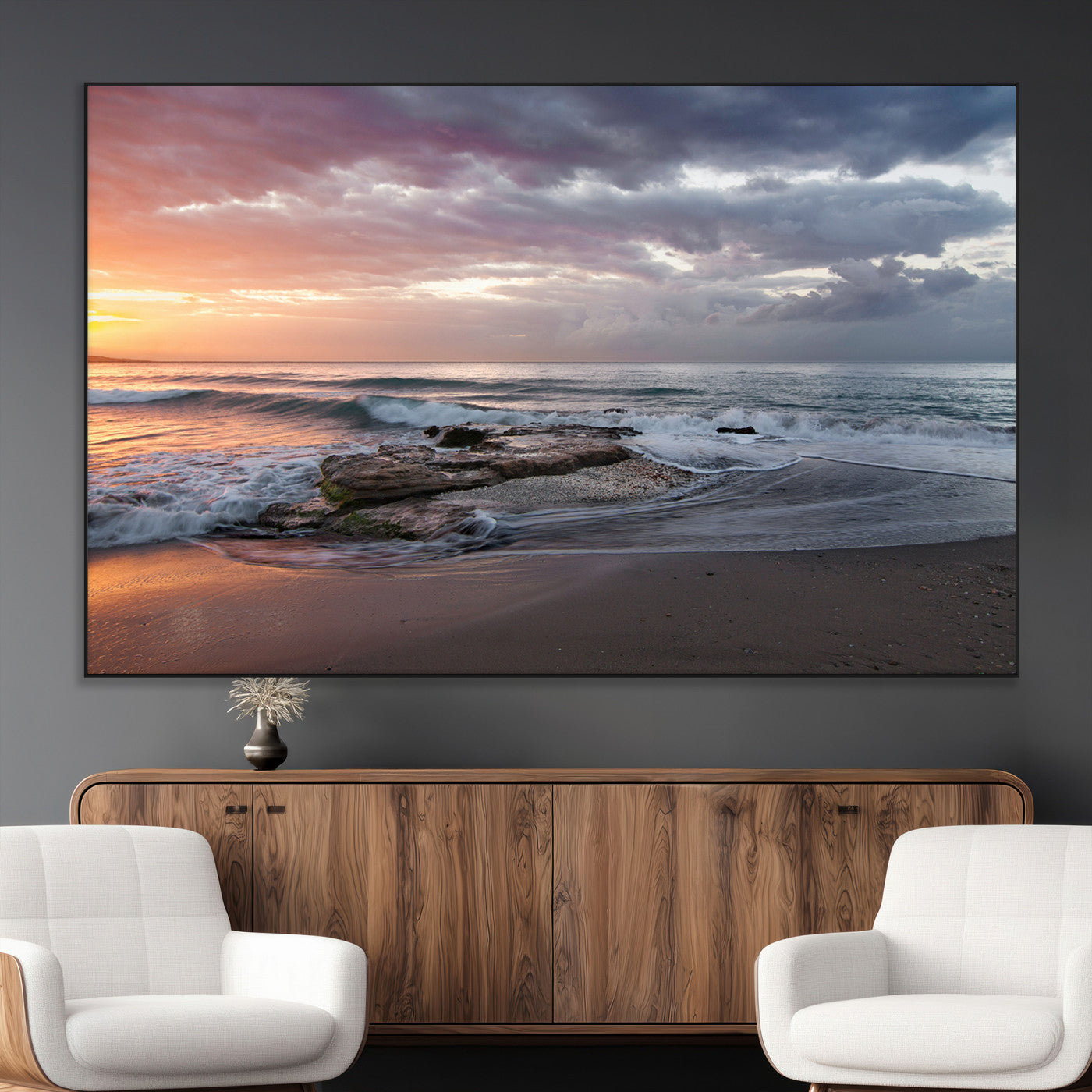 94208089-MGV-CV-36X24-Golden Hour Wall Art Canvas Print, Framed Tranquil Waves Art Picture Print, Beach Horizon Perfect Coastal Serenity Decor Artwork