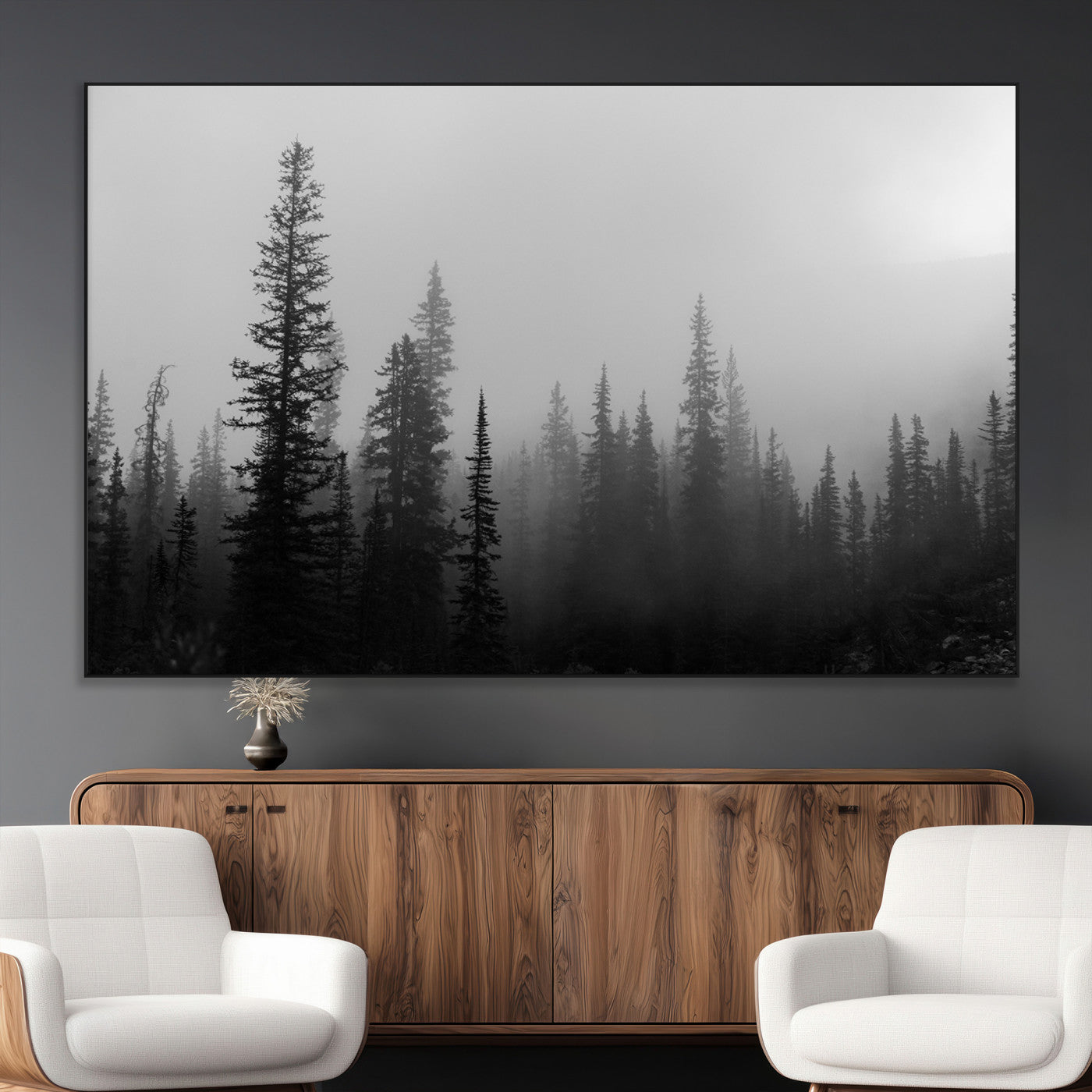 73138900-MGV-CV-36X24-Misty Pines Wall Art Canvas Print, Framed Woodland Photography Art Picture Print, Minimalist Decor Perfect Modern Rustic Decor