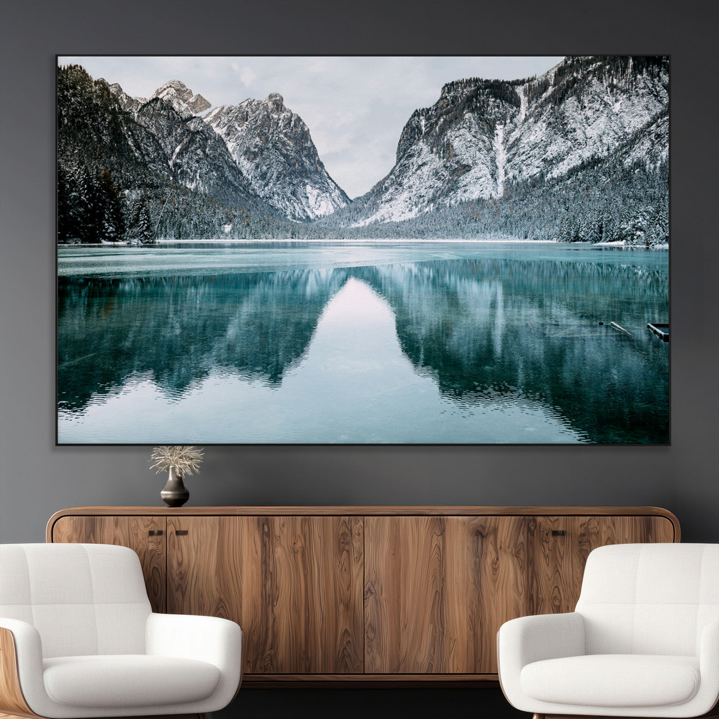73098373-MGV-CV-36X24-Mountain Lake Wall Art Canvas Print, Framed Winter Wonderland Art Picture Print, Snowy Peaks Perfect Modern Nature Decor Artwork