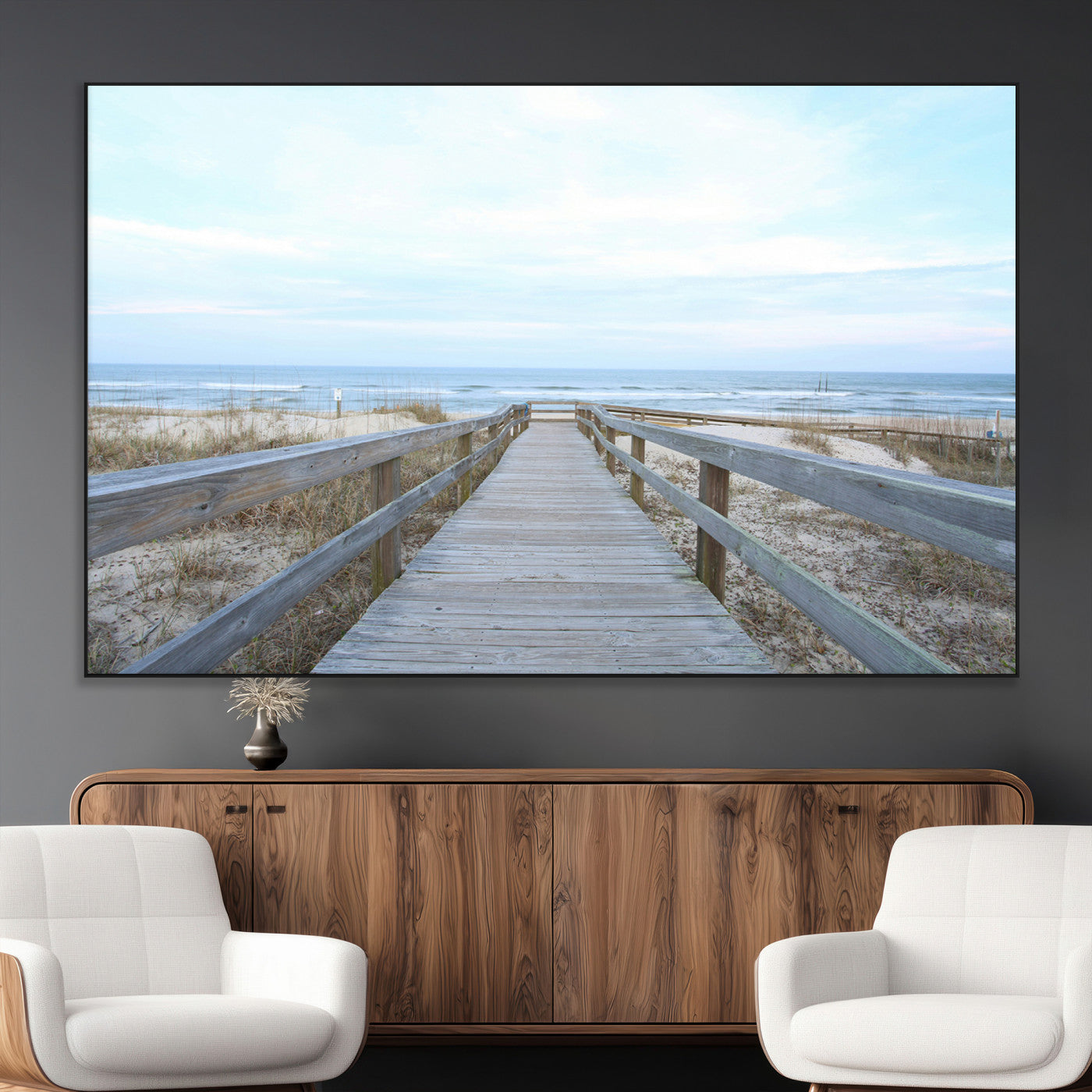 31602988-MGV-CV-36X24-Beach Boardwalk Wall Art Canvas Print, Framed Coastal Serenity Art Picture Print, Ocean View Perfect Coastal Minimalist Decor