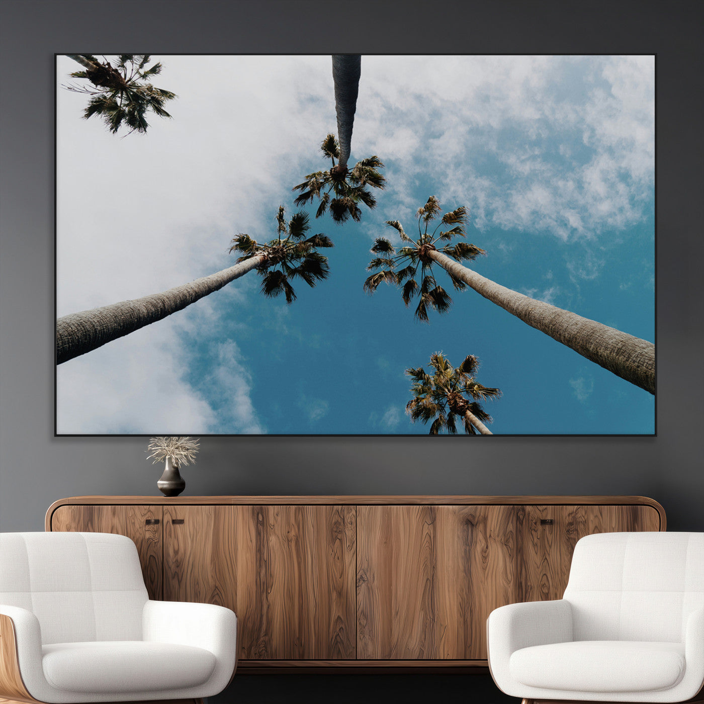 45236398-MGV-CV-36X24-Tropical Palm Trees Wall Art Canvas Print, Framed California Sky Art Picture Print, Minimalist Nature Perfect Coastal Minimalist
