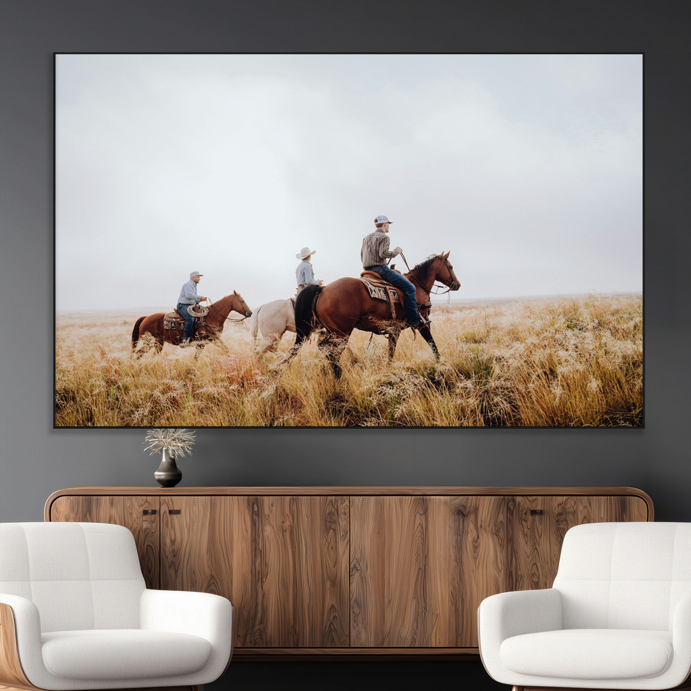 94723307-MGV-CV-36X24-Western Cowboys Wall Art Canvas Print, Framed Rustic Prairie Art Picture Print, Horseback Riding Perfect Rustic Western Decor