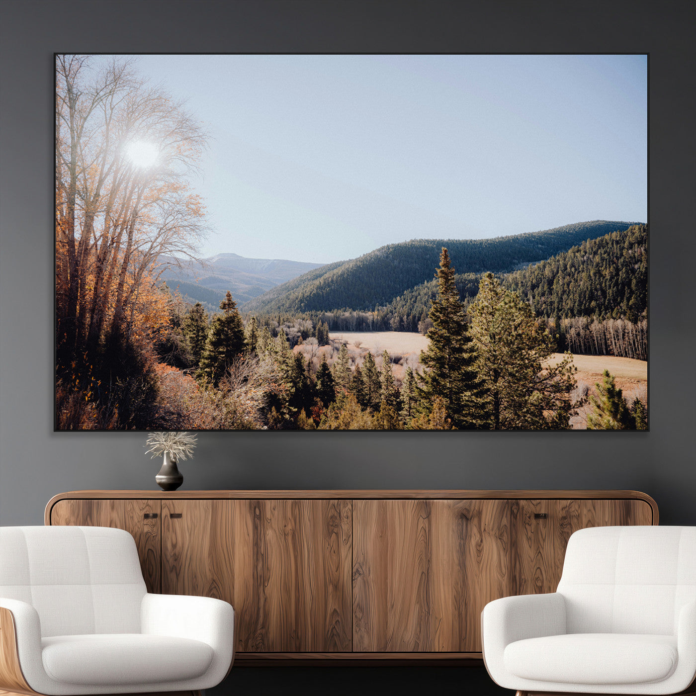 52941305-MGV-CV-36X24-Rustic Landscape Wall Art Canvas Print, Framed Serene Valley Art Picture Print, Pine Tree Horizon Perfect Rustic Cabin Decor