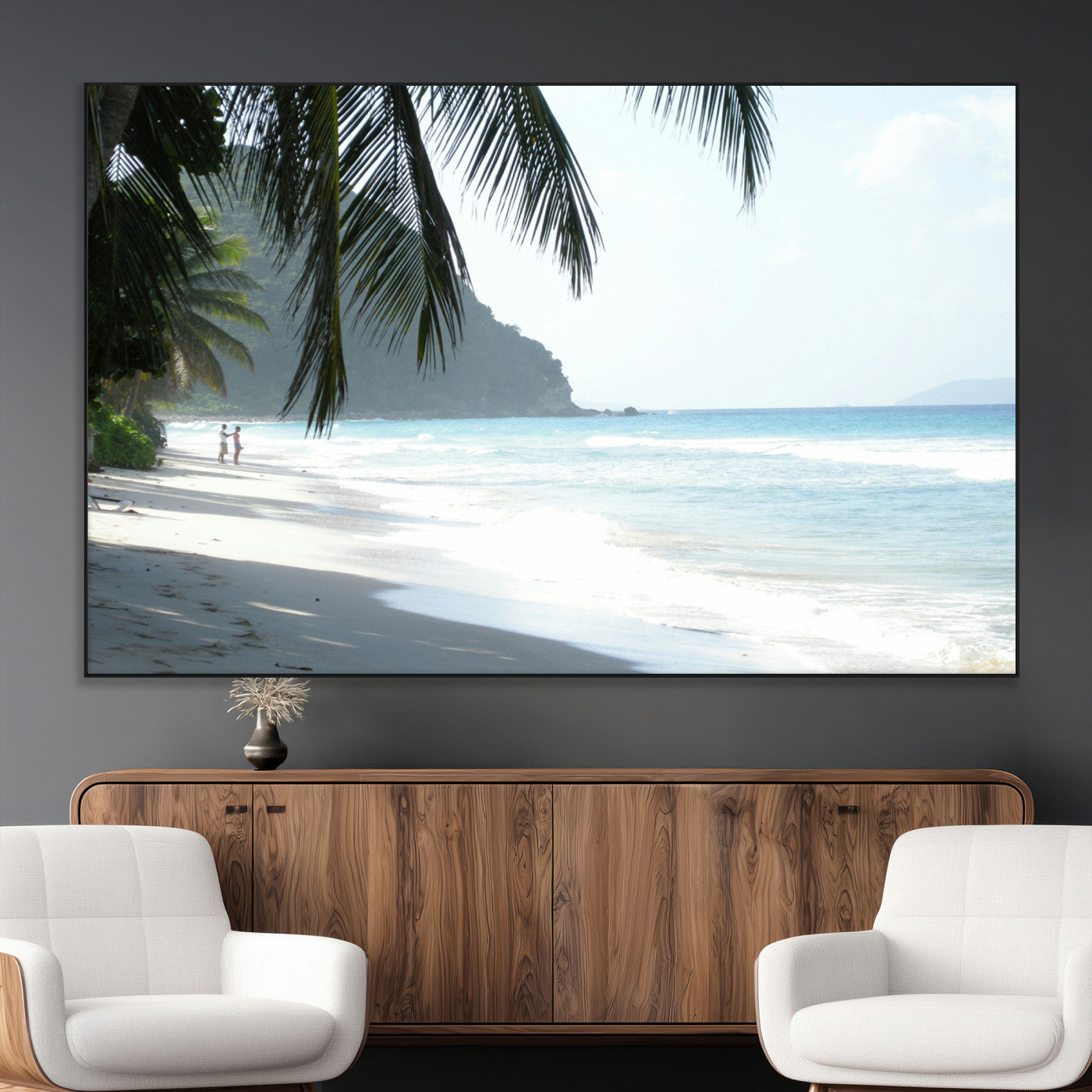 18311030-MGV-CV-36X24-Tropical Beach Wall Art Canvas Print, Framed Serene Ocean Art Picture Print, Palm Tree Shadows Perfect Tropical Coastal Decor