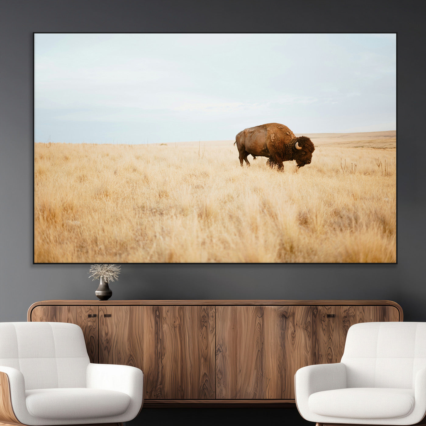 61392510-MGV-CV-36X24-Buffalo Wall Art Wall Art Canvas Print, Framed Western Wildlife Decor Art Picture Print, Rustic Farmhouse Art Perfect Rustic