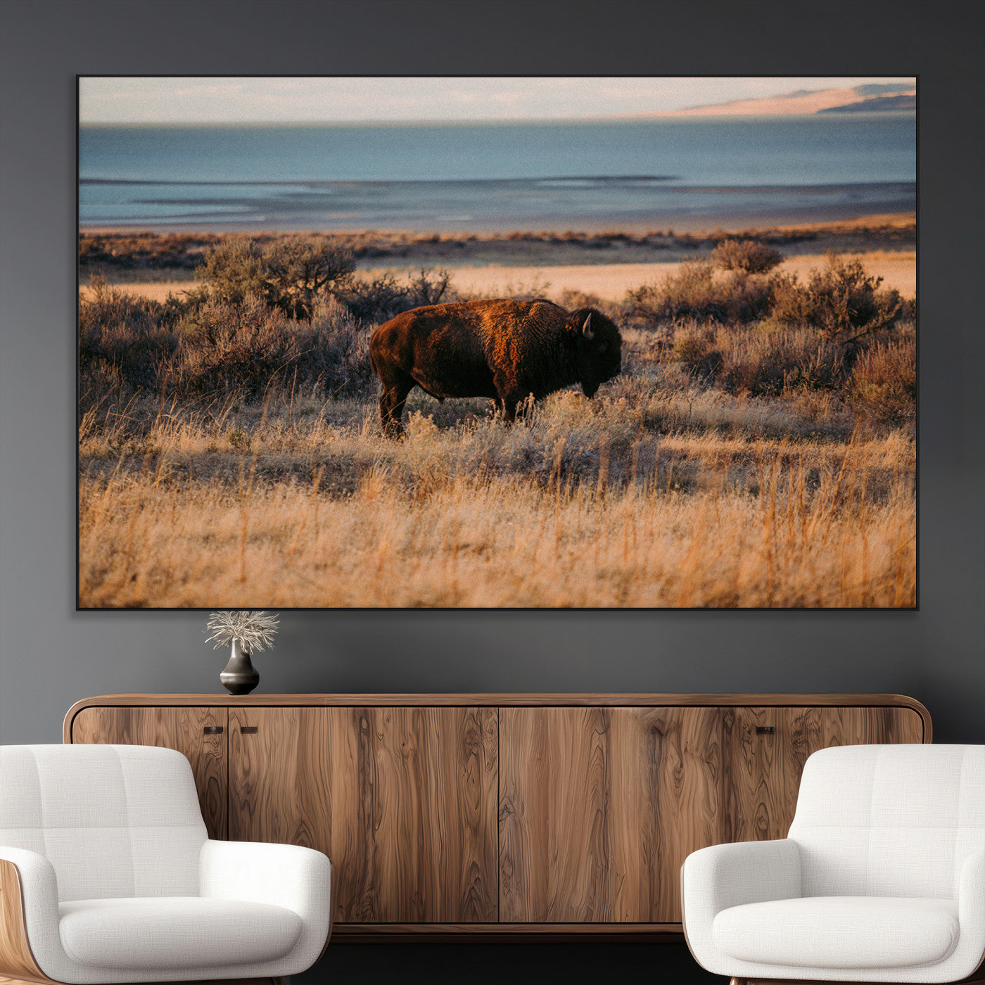 39509187-MGV-CV-36X24-Western Wildlife Wall Art Canvas Print, Framed Bison Art Picture Print, Golden Hour Perfect Western Rustic Decor Artwork