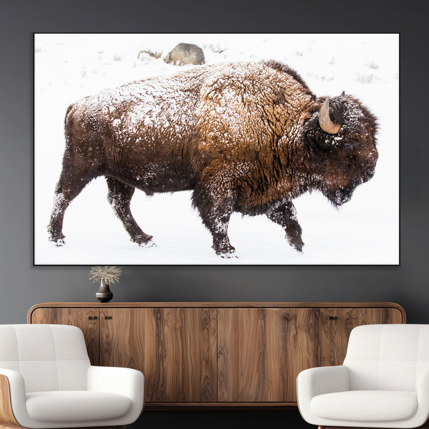 94261165-MGV-CV-36X24-Snowy Buffalo Wall Art Canvas Print, Framed Wildlife Photography Art Picture Print, Brown Tones Perfect Rustic Lodge Decor Decor