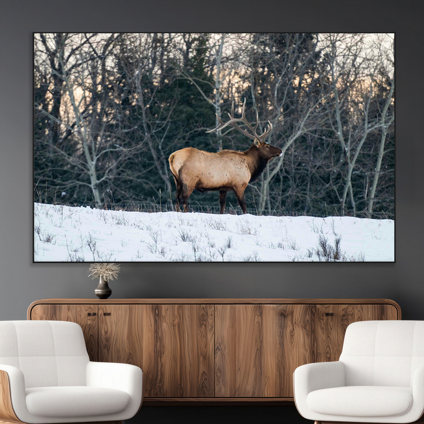 36533178-MGV-CV-36X24-Wild Elk Photography Wall Art Canvas Print, Framed Winter Wildlife Art Picture Print, Snowy Forest Perfect Rustic Lodge Decor