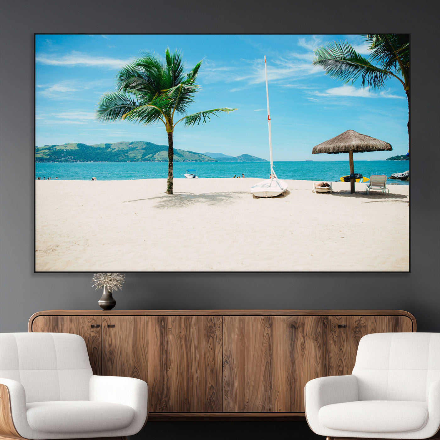 42623350-MGV-CV-36X24-Tropical Beach Wall Art Canvas Print, Framed Palm Tree Art Picture Print, Ocean View Perfect Tropical Coastal Decor Artwork