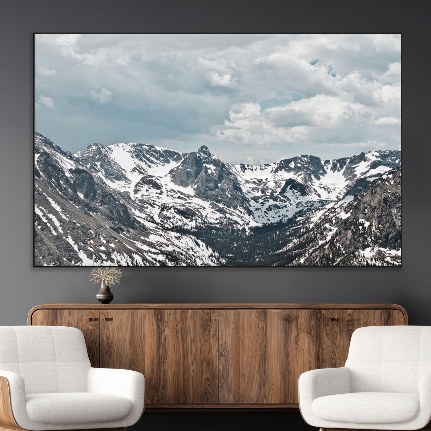 94074619-MGV-CV-36X24-Snowy Peaks Wall Art Canvas Print, Framed Alpine Wilderness Art Picture Print, Mountain Escape Perfect Winter Serenity Decor