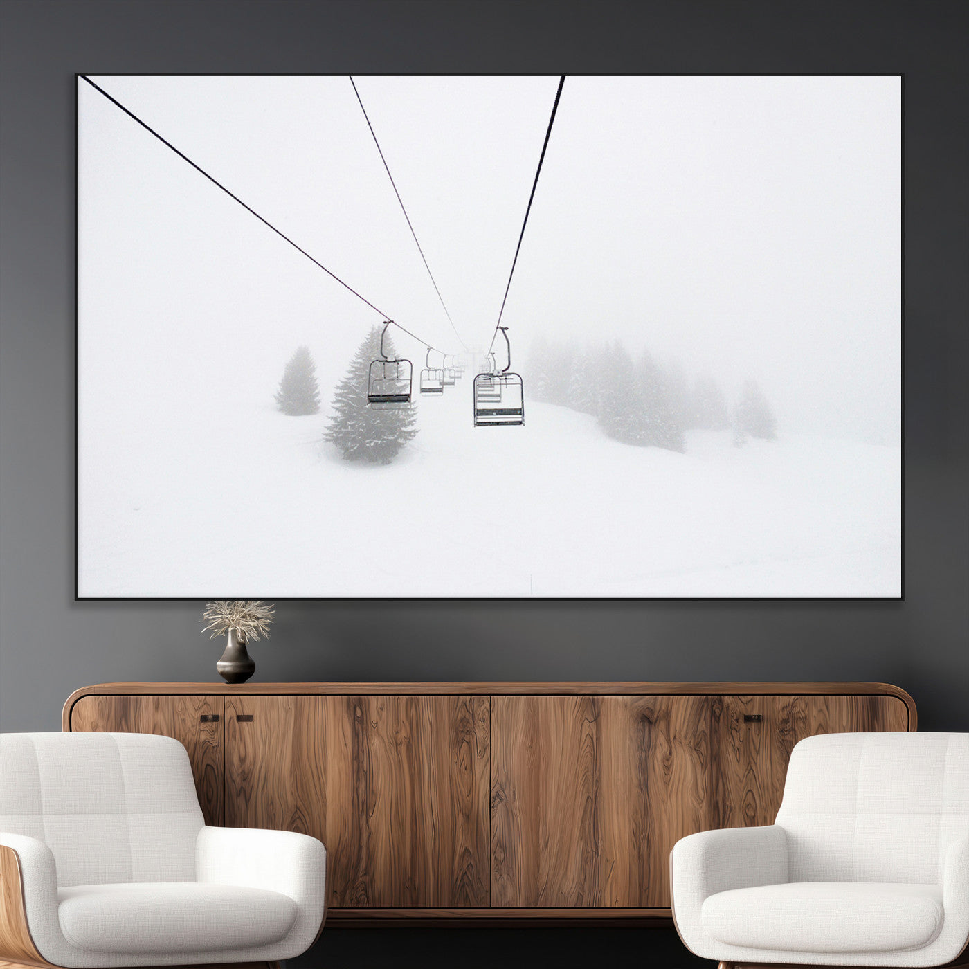 20216390-MGV-CV-36X24-Ski Lift Wall Art Canvas Print, Framed Snowy Landscape Art Picture Print, Alpine Adventure Perfect Nordic Minimalist Decor Artwork