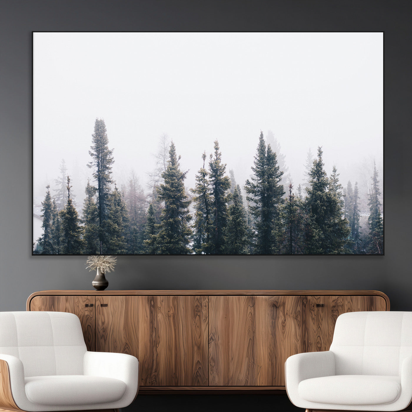 42364796-MGV-CV-36X24-Foggy Forest Wall Art Canvas Print, Framed Misty Pines Art Picture Print, Moody Woodland Perfect Scandinavian Minimalist Decor