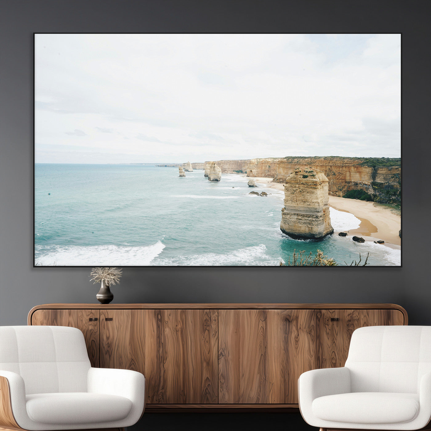 70095633-MGV-CV-36X24-Twelve Apostles Wall Art Canvas Print, Framed Coastal Cliffs Art Picture Print, Rugged Rock Formations Perfect Minimalist Coastal