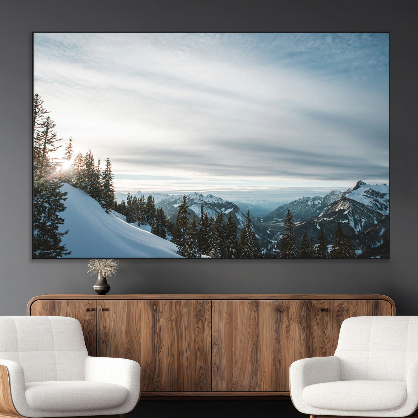 55564749-MGV-CV-36X24-Snowy Mountains Wall Art Canvas Print, Framed Alpine Landscape Art Picture Print, Frosty Peaks Perfect Nordic Minimalist Decor