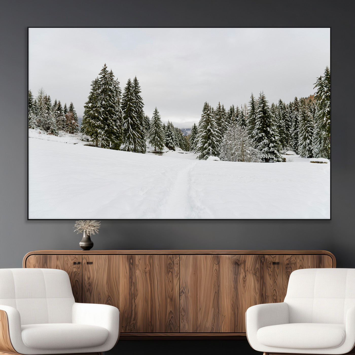 24581417-MGV-CV-36X24-Frosty Pines Wall Art Canvas Print, Framed Silent Snowfall Art Picture Print, Cozy Cabin Vibes Perfect Nordic Minimalist Decor