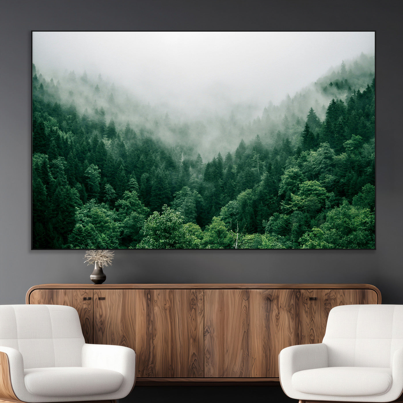 45265379-MGV-CV-36X24-Misty Forest Wall Art – Green Mountain Pine Tree Landscape Canvas Print, Nature Photography Artwork Home Decor for Bedroom, Living
