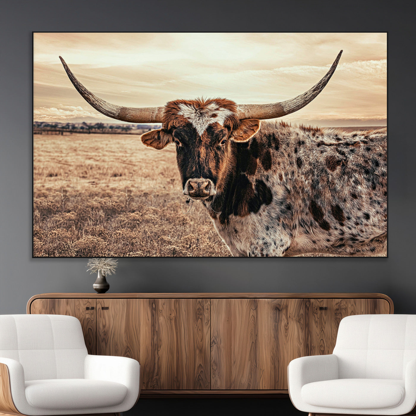 95745718-MGV-CV-36X24-Texas Longhorn Wall Art – Western Cattle Photography Canvas Print, Rustic Ranch Animal Artwork Country Farmhouse Decor for Living