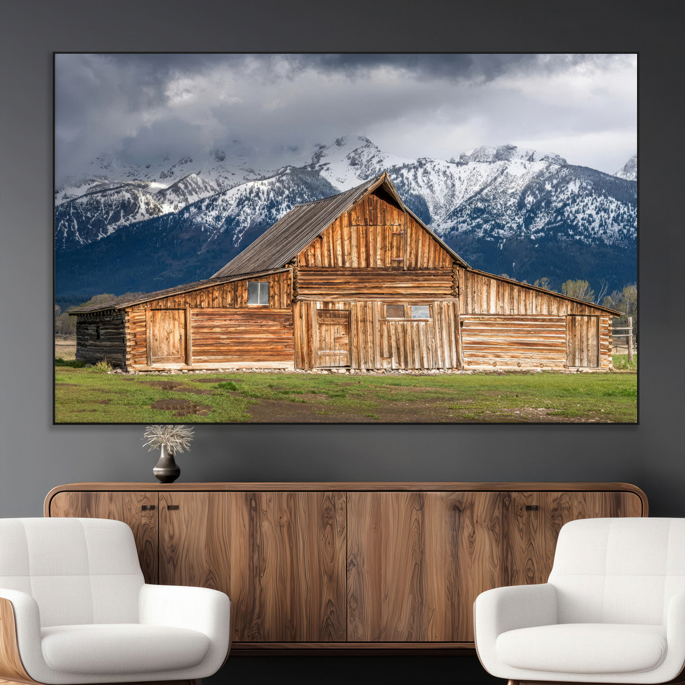 15173627-MGV-CV-36X24-Barn Wall Art – Rustic Wooden Cabin Canvas Print with Snowy Mountain Landscape, Western Farmhouse Country Decor for Living Room,