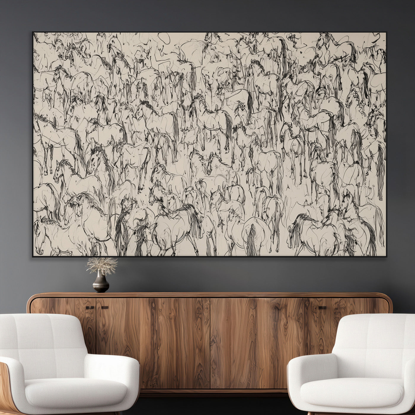 12358908-MGV-CV-36X24-Horse Herd Sketch Wall Art – Abstract Wild Horses Line Drawing Canvas Print, Rustic Western Style Equestrian Decor for Living