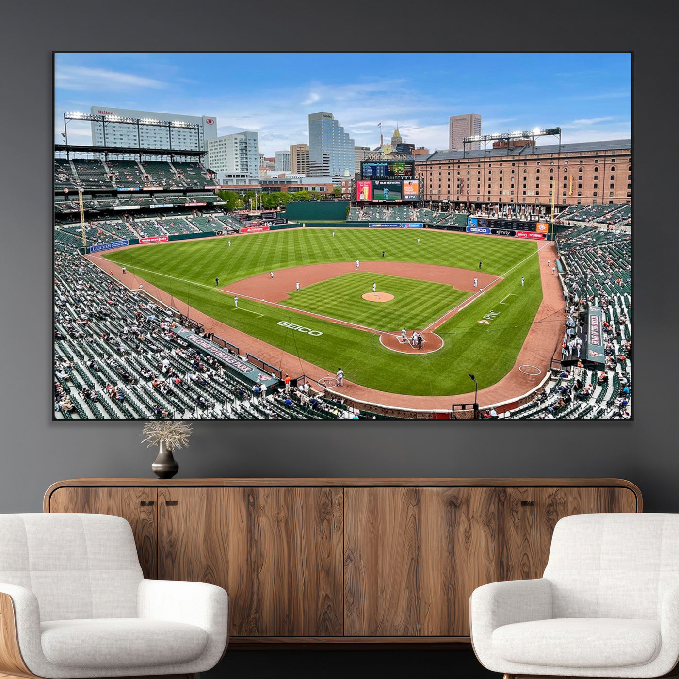 76426407-MGV-CV-36X24-Baseball Stadium Daytime – Panoramic Ballpark Canvas Wall Art, Sports Decor for Office, Man Cave, Game Room, Sports Bar, Baseball
