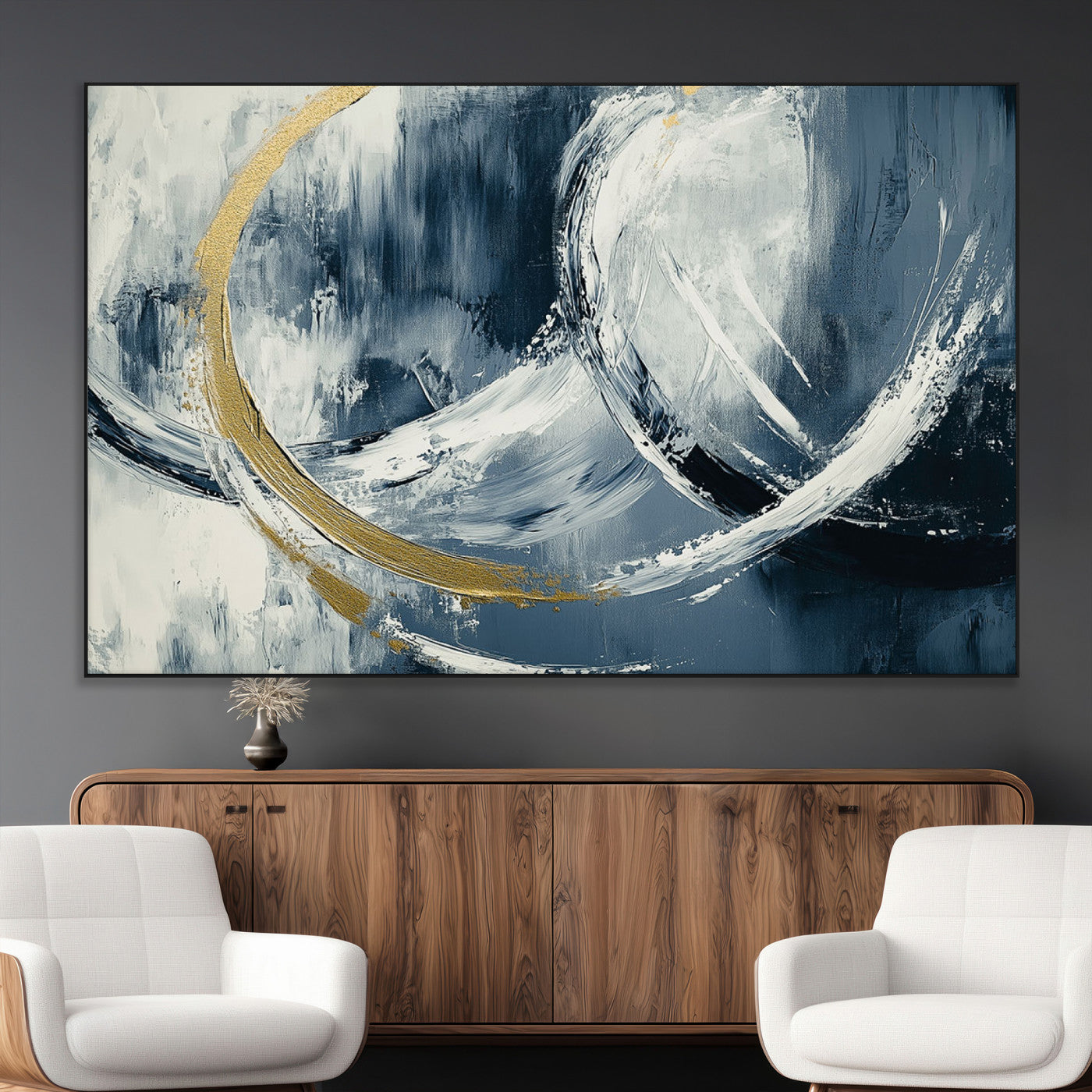 97295757-MGV-CV-36X24-Abstract Blue and Gold Wall Art – Modern Luxury Canvas Print, Navy White Brushstroke Painting, Contemporary Living Room Office