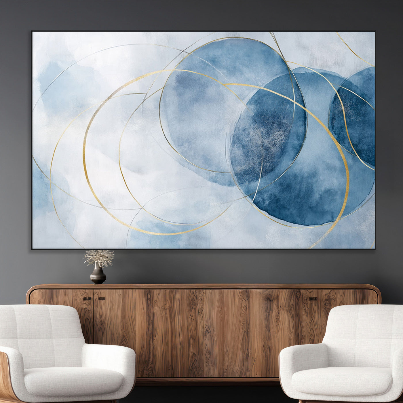 47060443-MGV-CV-36X24-Blue Abstract Circle Wall Art – Modern Gold and Navy Canvas Print, Minimalist Geometric Painting for Living Room, Bedroom, Office