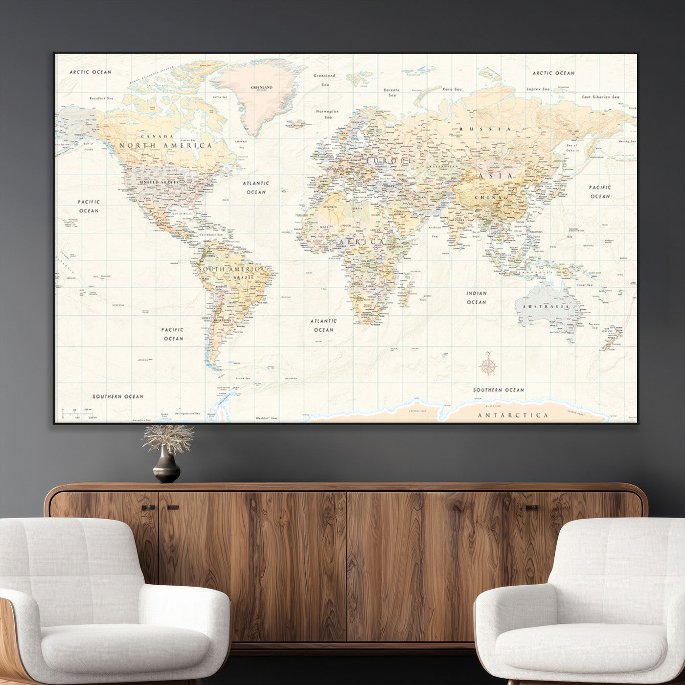 40660043-MGV-CV-36X24-World Map Wall Art – Large Detailed Atlas Style Map Print with Countries, Cities, and Oceans, Neutral Beige and Tan Educational