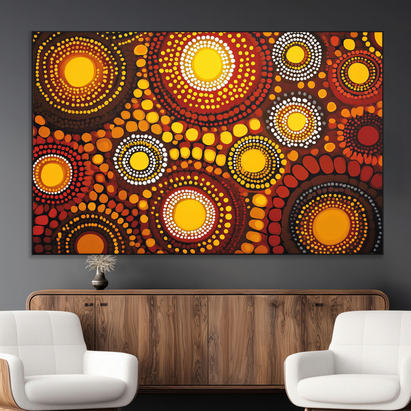 81120549-MGV-CV-36X24-Abstract Dot Painting Wall Art – Vibrant Tribal Boho Style Canvas Print with Sunburst Mandala Circles in Warm Red, Yellow, Orange