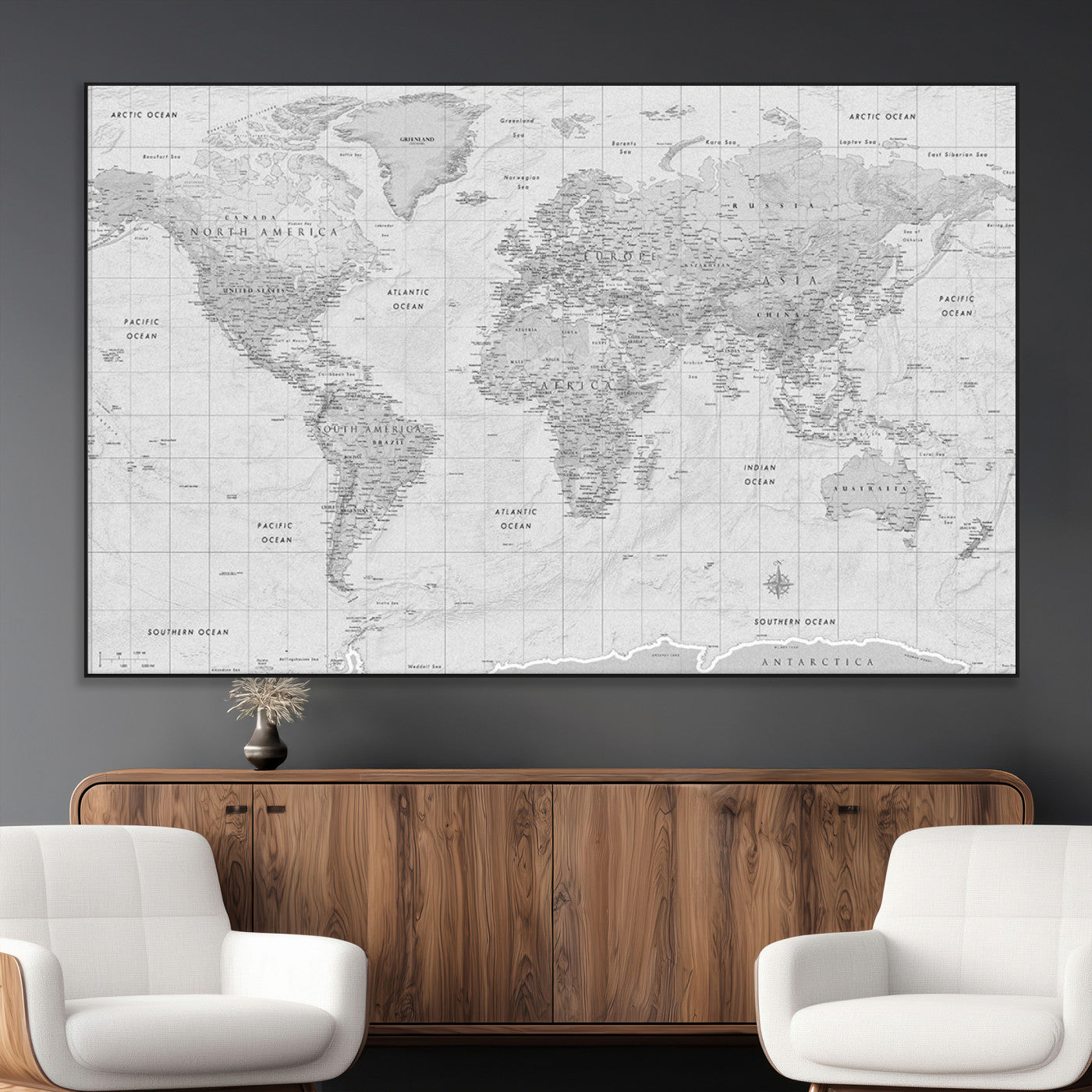 10516725-MGV-CV-36X24-Black and White World Map Wall Art – Minimalist Grayscale Canvas Print – Modern Detailed Travel Map Poster for Home, Office, or