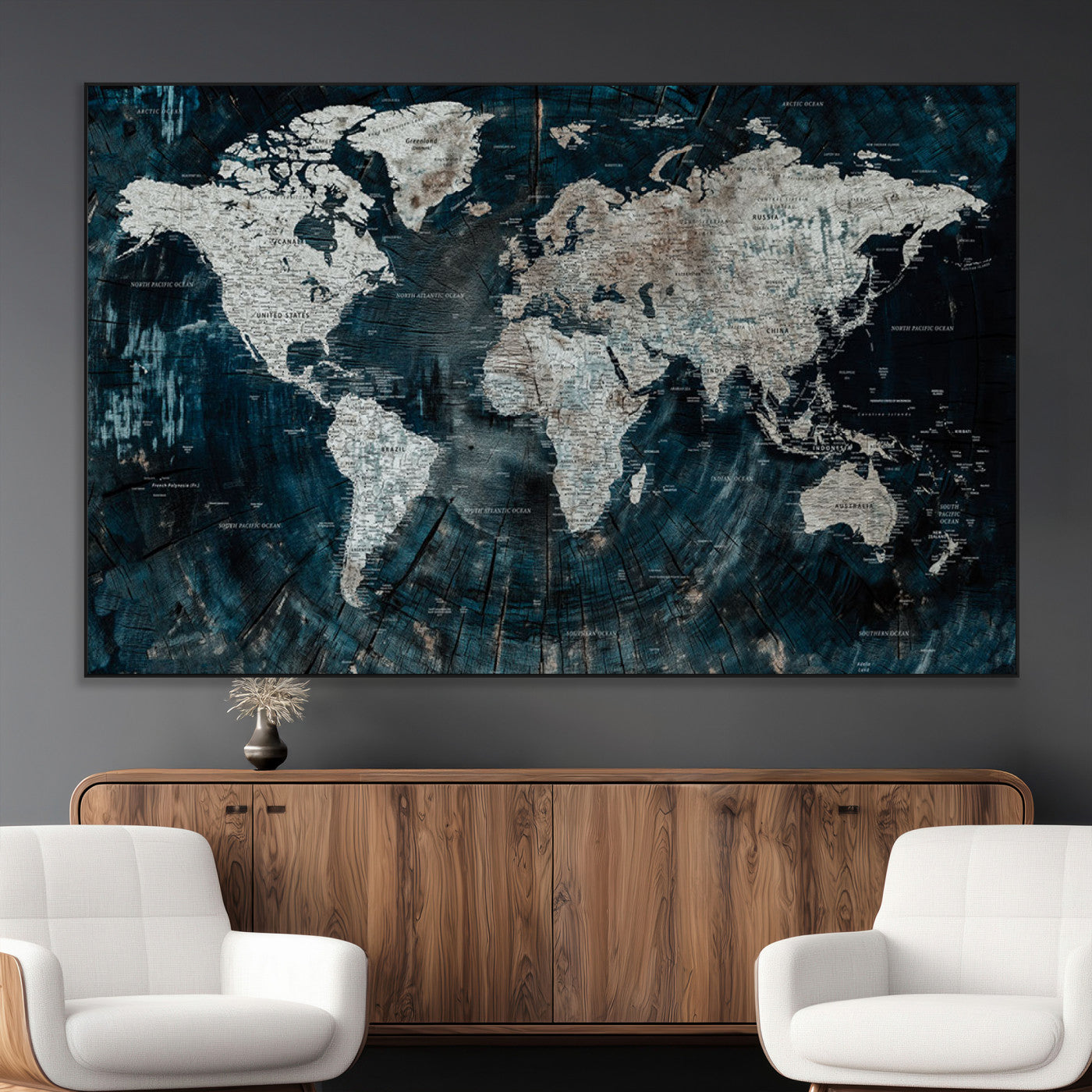 34425609-MGV-CV-36X24-World Map Wall Art – Rustic Navy and Grey Atlas Canvas Print, Distressed Explorer Map Artwork, Industrial Style Decor for Office,