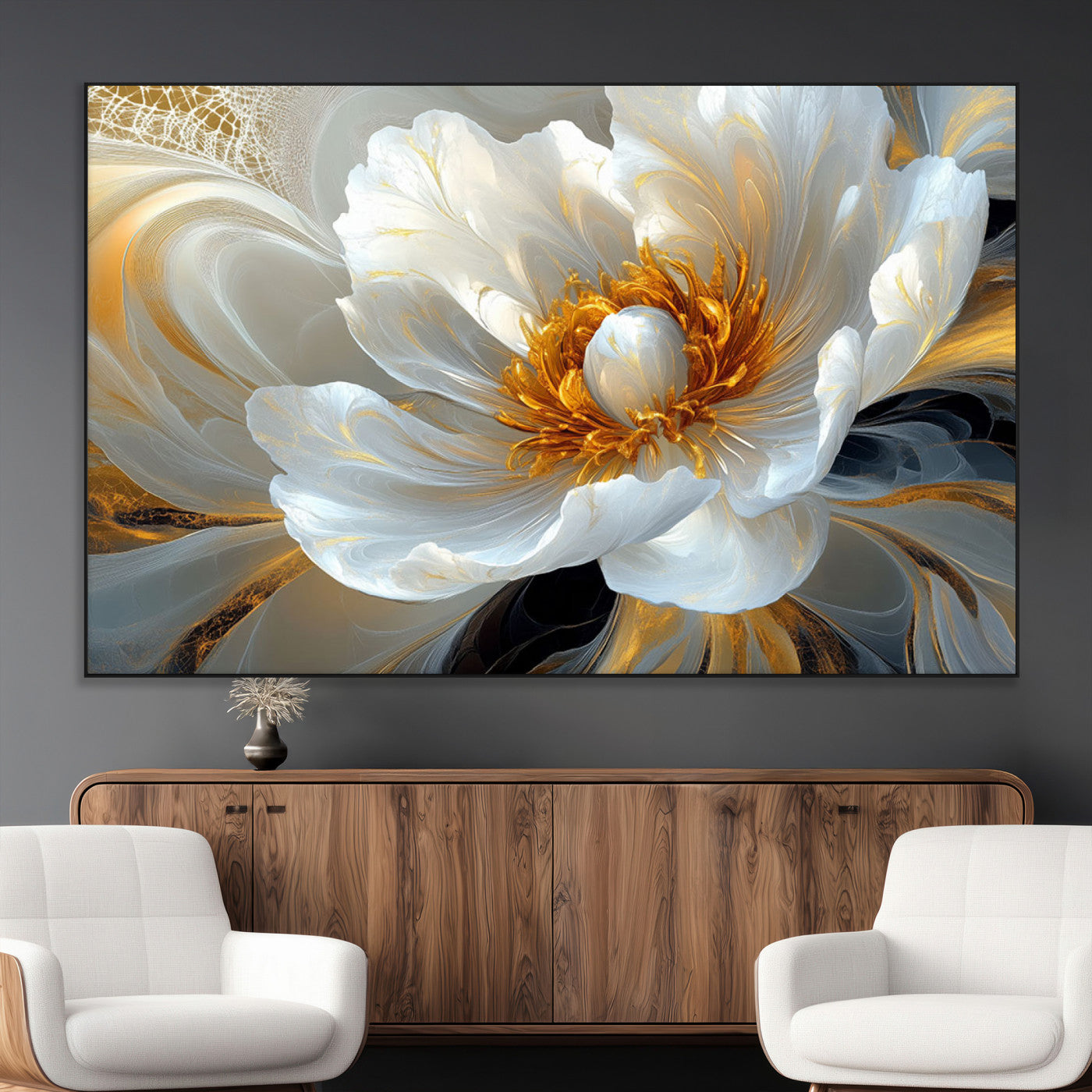 39604126-MGV-CV-36X24-Abstract Flower Wall Art – Elegant White and Gold Bloom Canvas Print, Modern Floral Artwork for Bedroom, Living Room, or Office