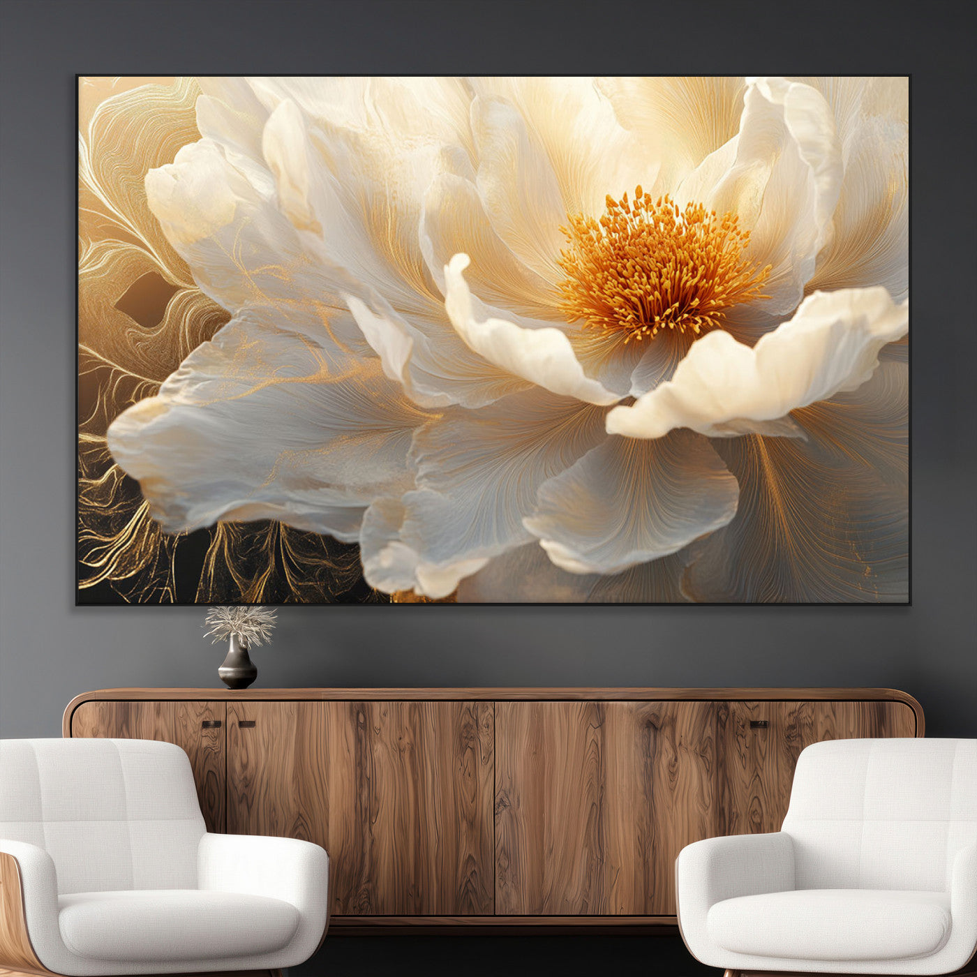29539087-MGV-CV-36X24-Floral Wall Art – Elegant White and Gold Bloom Canvas Print, Romantic Modern Flower Artwork for Bedroom, Living Room, or Office