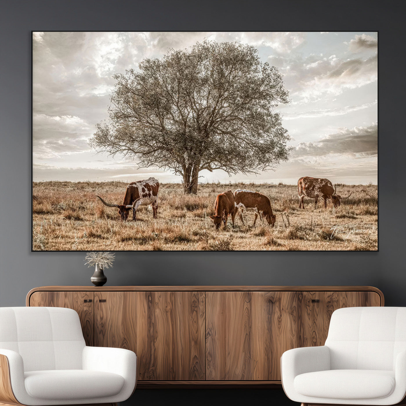 87590224-MGV-CV-36X24-Longhorn Cattle Wall Art – Rustic Western Landscape Canvas Print, Texas Farmhouse Prairie Scene for Living Room, Office, or Ranch