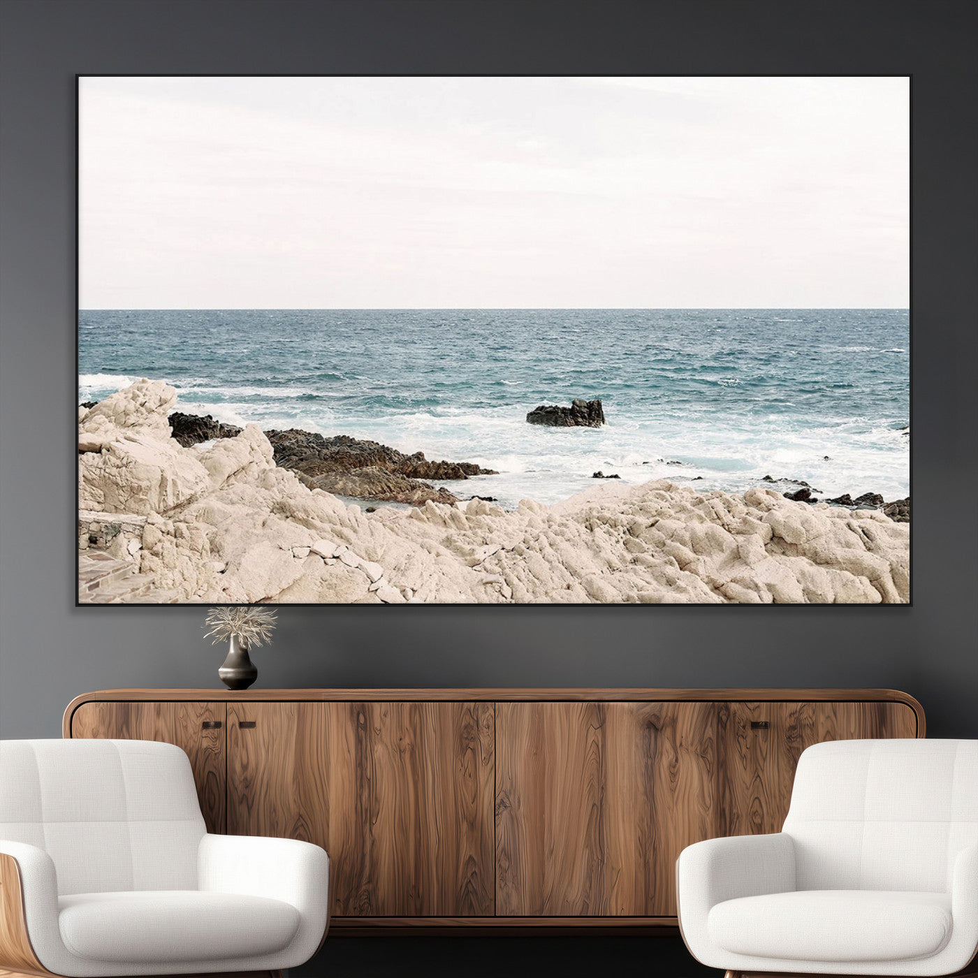25481980-MGV-CV-36X24-Ocean Coastal Wall Art – Rocky Shoreline and Waves Canvas Print, Serene Beach Landscape Decor for Living Room, Bedroom, or Office