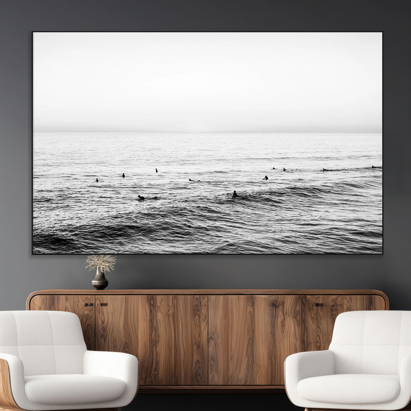 47208268-MGV-CV-36X24-Surfer Ocean Wall Art – Black and White Coastal Canvas Print, Minimalist Surfing Seascape Decor for Living Room, Bedroom, or Beach