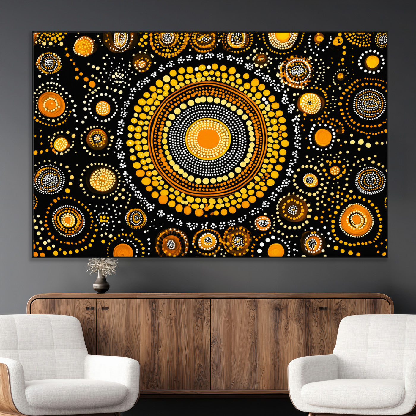45478523-MGV-CV-36X24-Abstract Circle Wall Art – Bold Black and Gold Dot Painting Canvas Print, Modern Geometric Mandala Style Decor for Living Room or