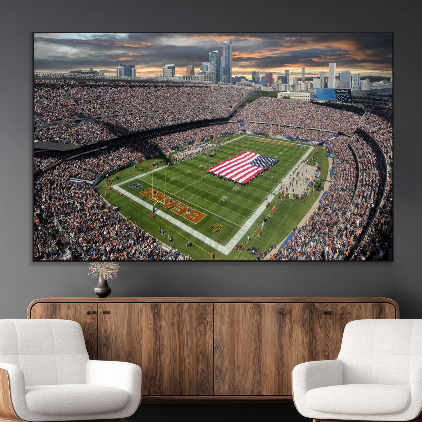 98106777-MGV-CV-36X24-Soldier Field Wall Art – Chicago Bears Stadium Canvas Print with American Flag, Game Day Football Decor for Man Cave, Bar, or