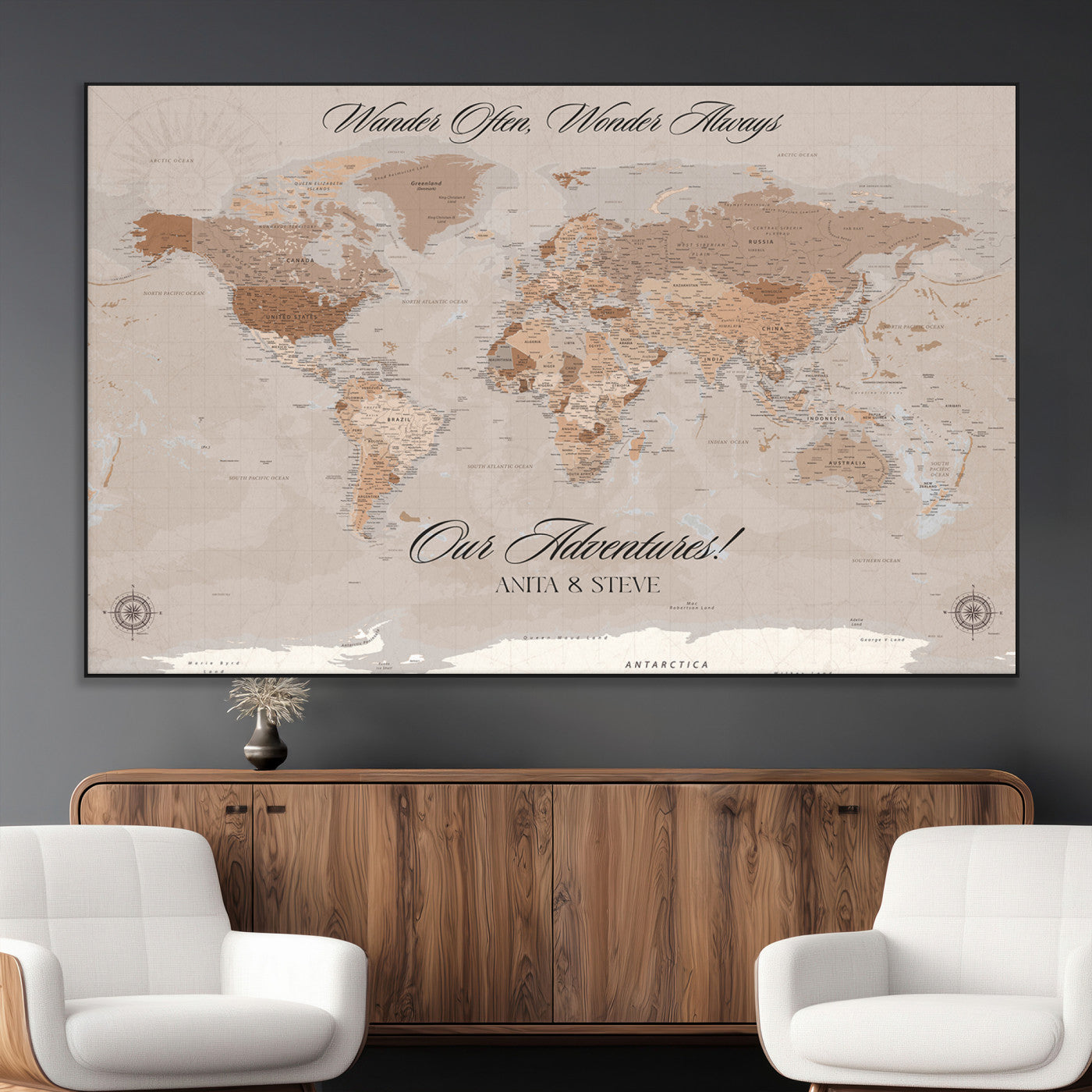 95243244-MGV-CV-36X24-Wander Often Wonder Always World Map Wall Art – Neutral Beige Adventure Canvas Print, Rustic Boho Travel Decor for Bedroom, Living