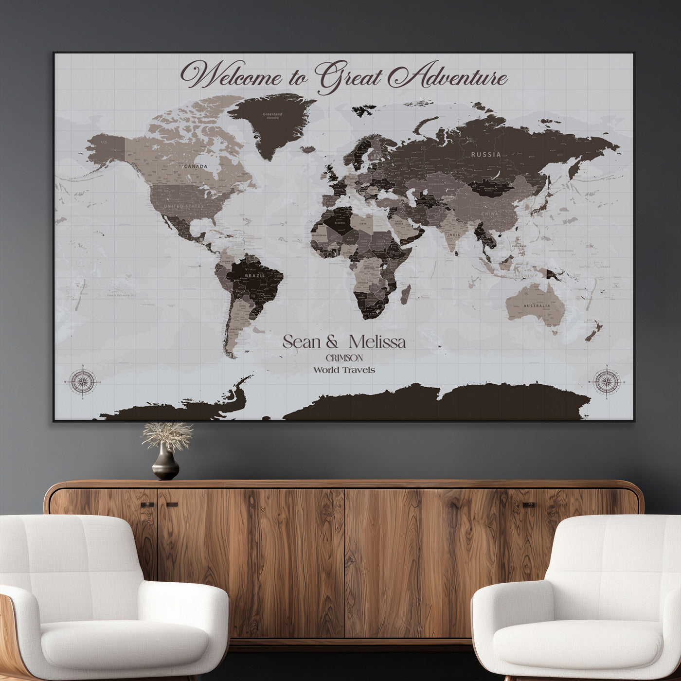 43749658-MGV-CV-36X24-Welcome to Great Adventure World Map Wall Art – Charcoal Gray Canvas Print, Rustic Travel Decor for Living Room, Study, Office or