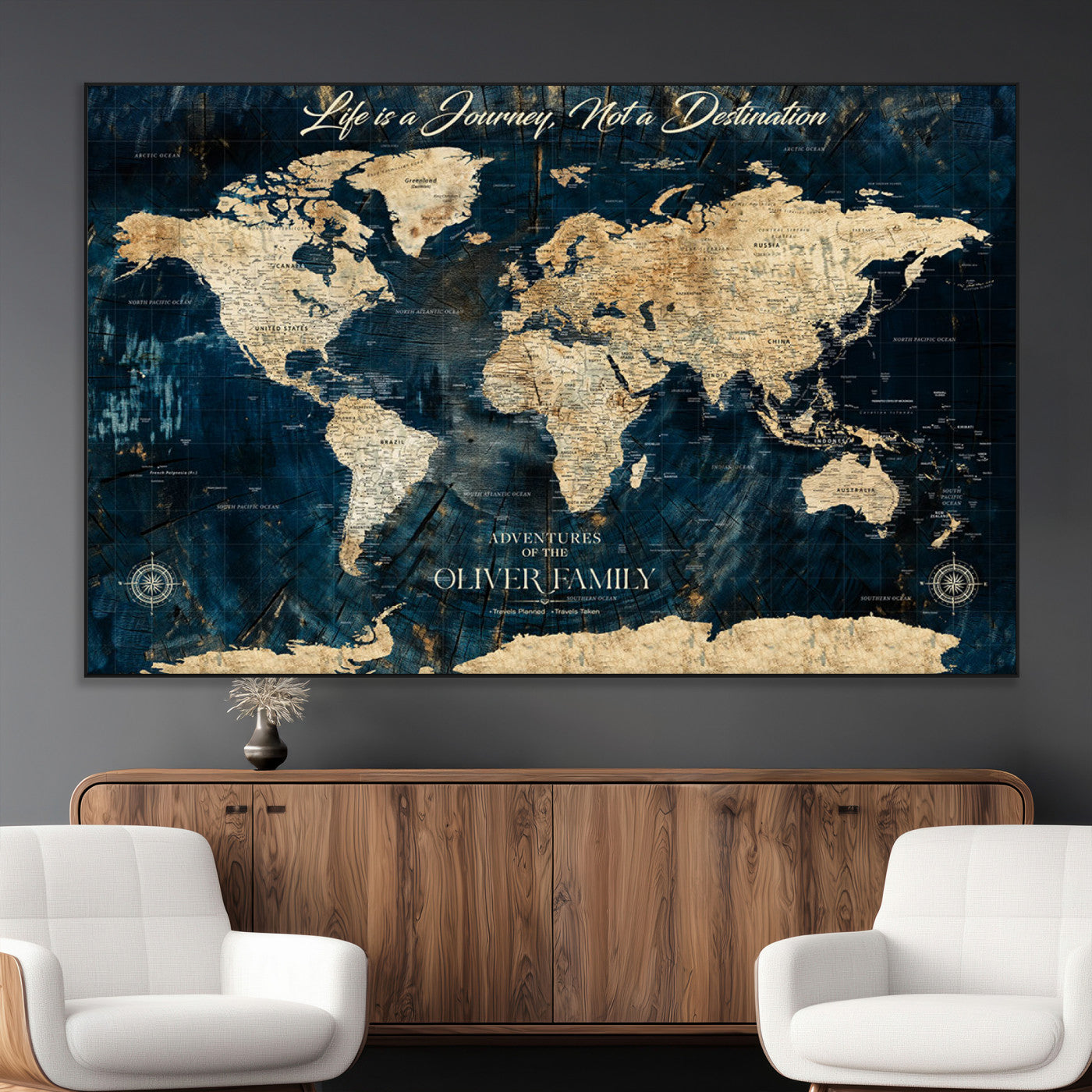 36970886-MGV-CV-36X24-Life is a Journey Not a Destination World Map Rustic Navy Beige Vintage Travel Wall Art Adventure Quote Canvas Print for Home