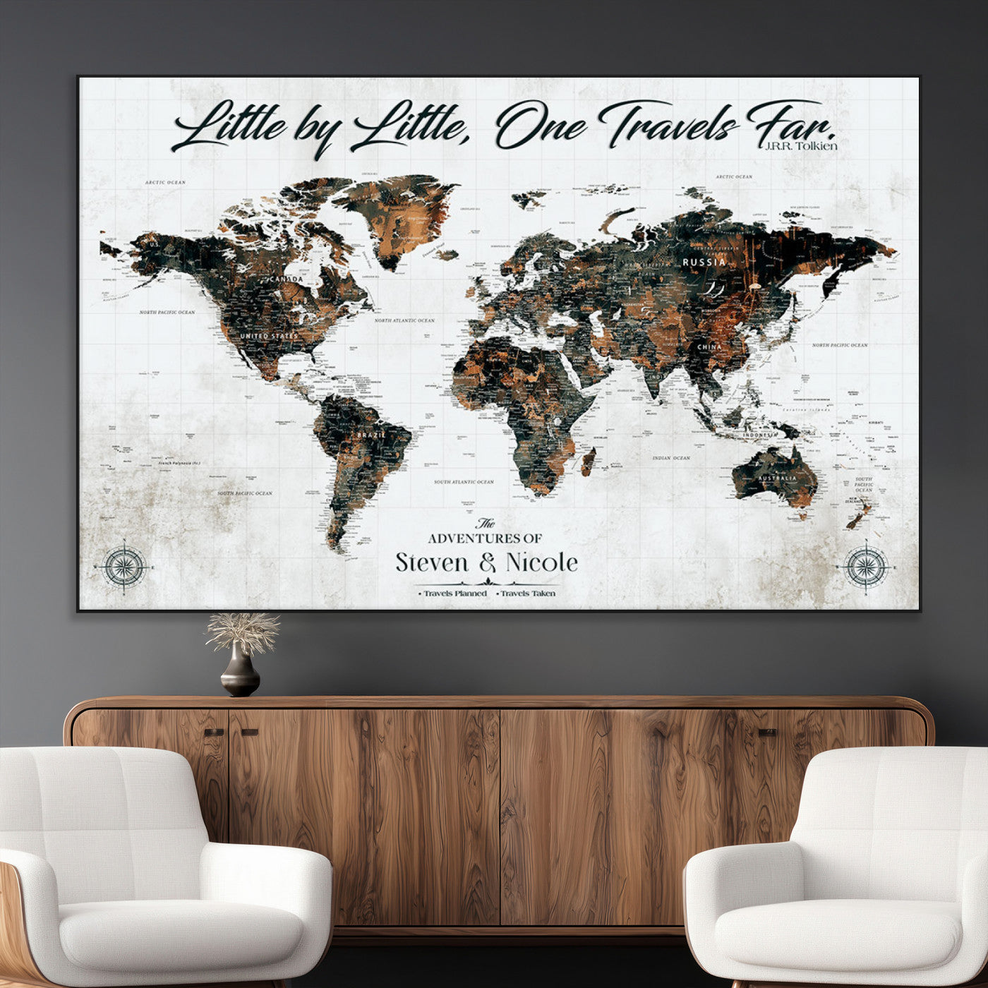 88337180-MGV-CV-36X24-Little by Little One Travels Far Tolkien Quote World Map Rustic Black Brown Adventure Wall Art Canvas Print for Home Office Living