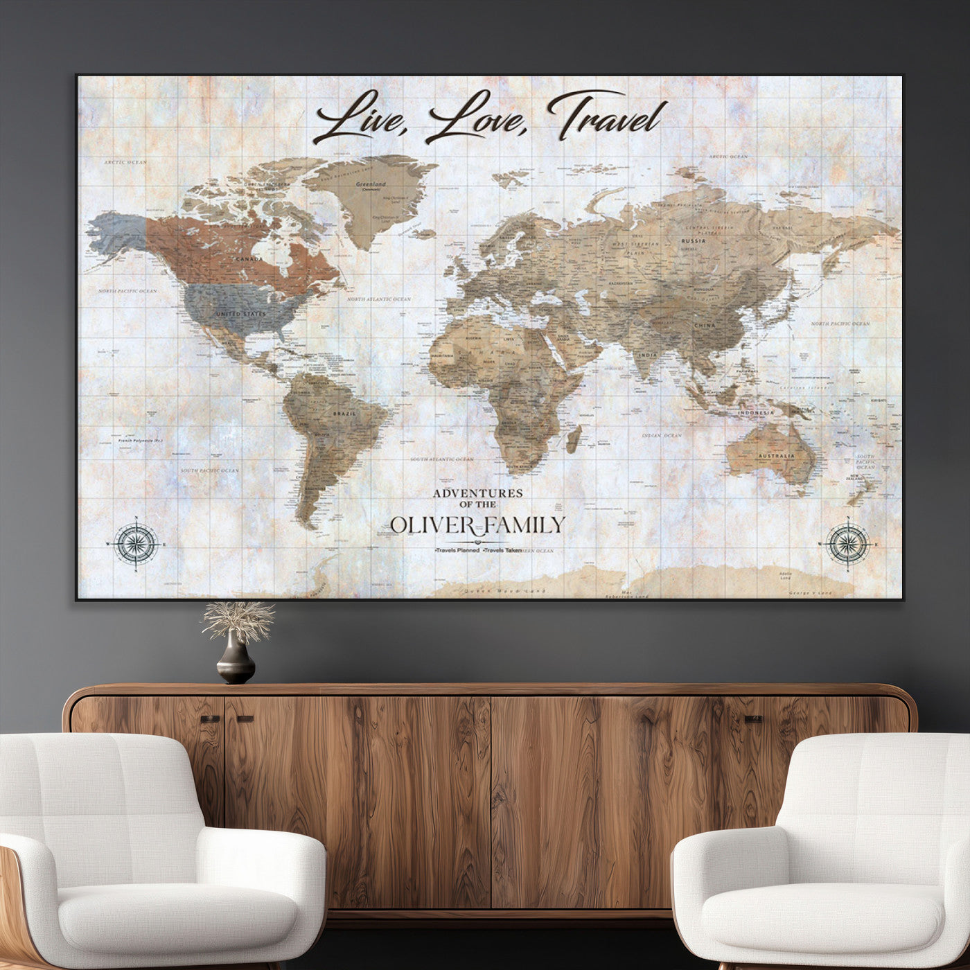 43924907-MGV-CV-36X24-Live Love Travel Wall Art – Neutral World Map Canvas Print, Rustic Adventure Decor for Home, Office or Living Room, Unique Gift