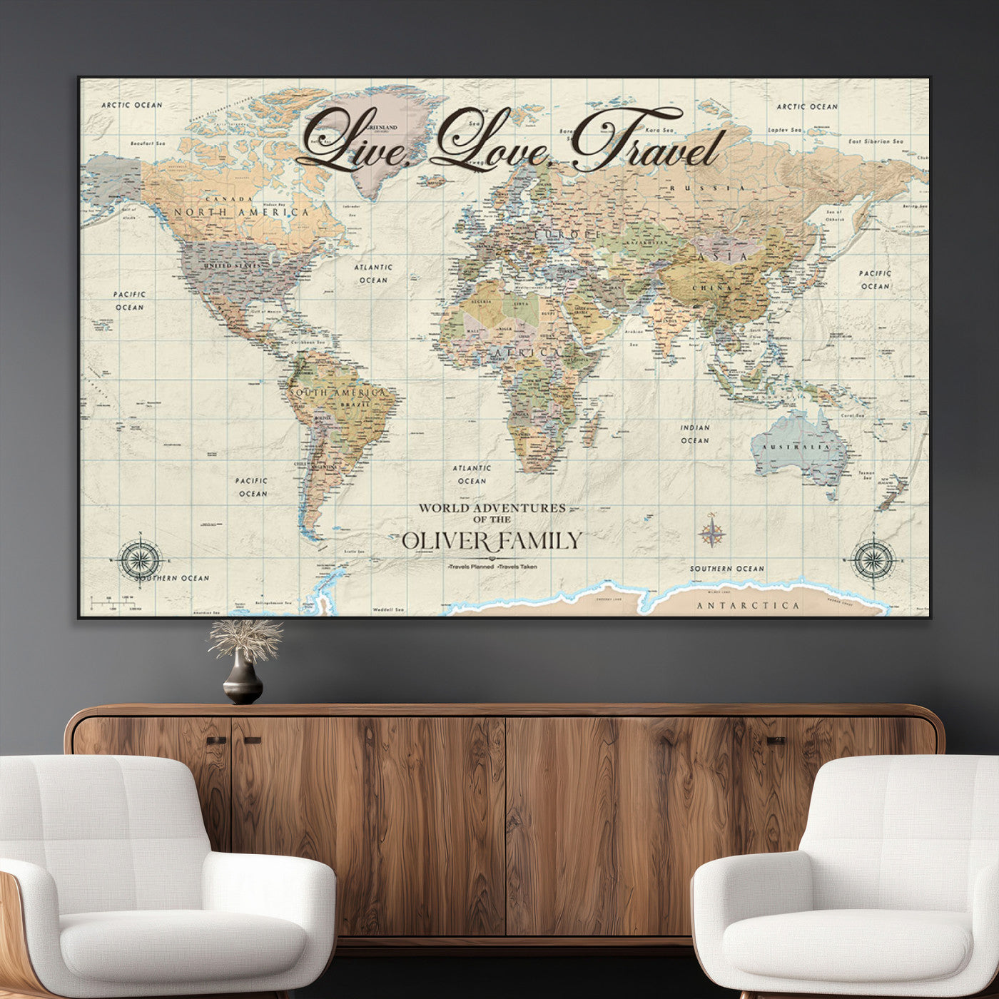 19479008-MGV-CV-36X24-Live Love Travel Wall Art – Detailed World Map Canvas Print, Adventure Decor for Living Room, Office or Bedroom, Travel Gift for