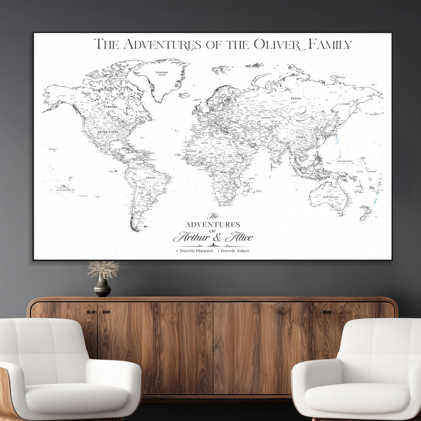 21029247-MGV-CV-36X24-Minimalist World Map Wall Art – Black and White Travel Adventure Print, Modern Family Travel Map Decor for Living Room, Bedroom,