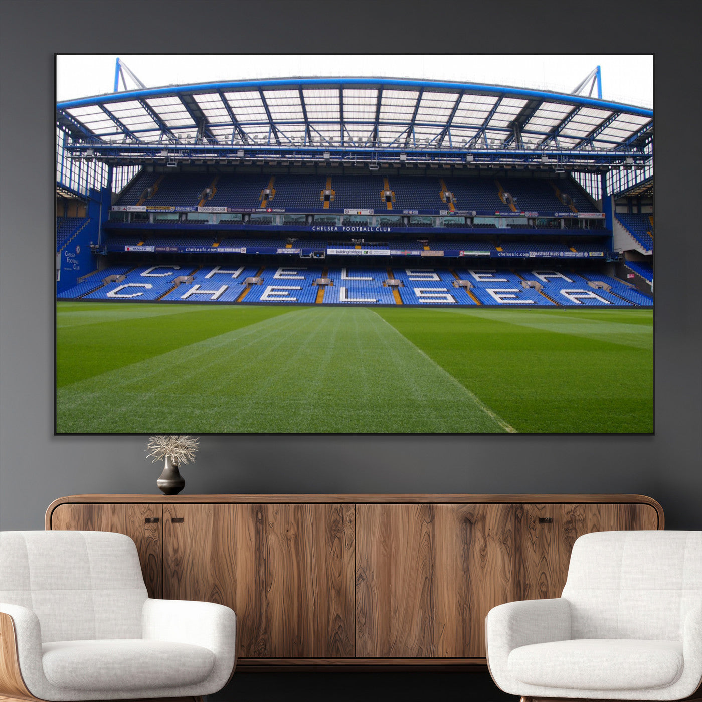 38616413CHELSA-MGV-CV-36X24-Chelsea Stadium Wall Art – Panoramic Football Field Canvas Print, Game Day Sports Decor for Living Room, Office, or Man Cave