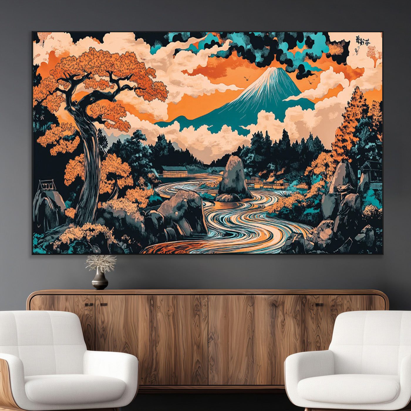 21638941-MGV-CV-36X24-Japanese Landscape Wall Art – Mount Fuji and Flowing River Ukiyo-e Style Canvas Print, Traditional Japan Inspired Artwork for