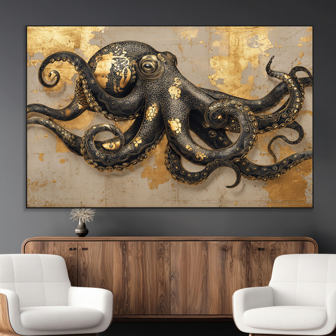 57944271-MGV-CV-36X24-Octopus Wall Art – Black and Gold Nautical Canvas Print, Modern Ocean Inspired Artwork with Elegant Detailing, Coastal Marine