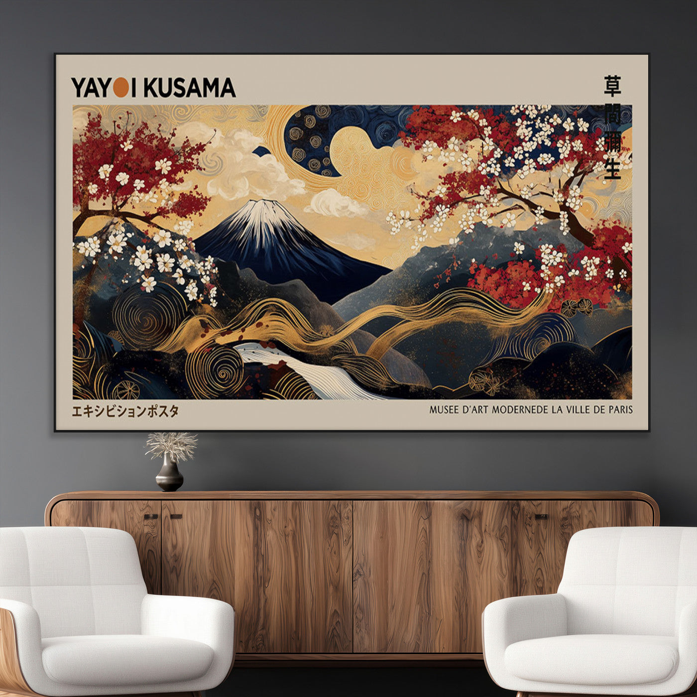 66892669-MGV-CV-36X24-Japanese Landscape Wall Art – Mount Fuji Canvas Print with Cherry Blossoms and Golden Waves, Traditional Asian Inspired Artwork