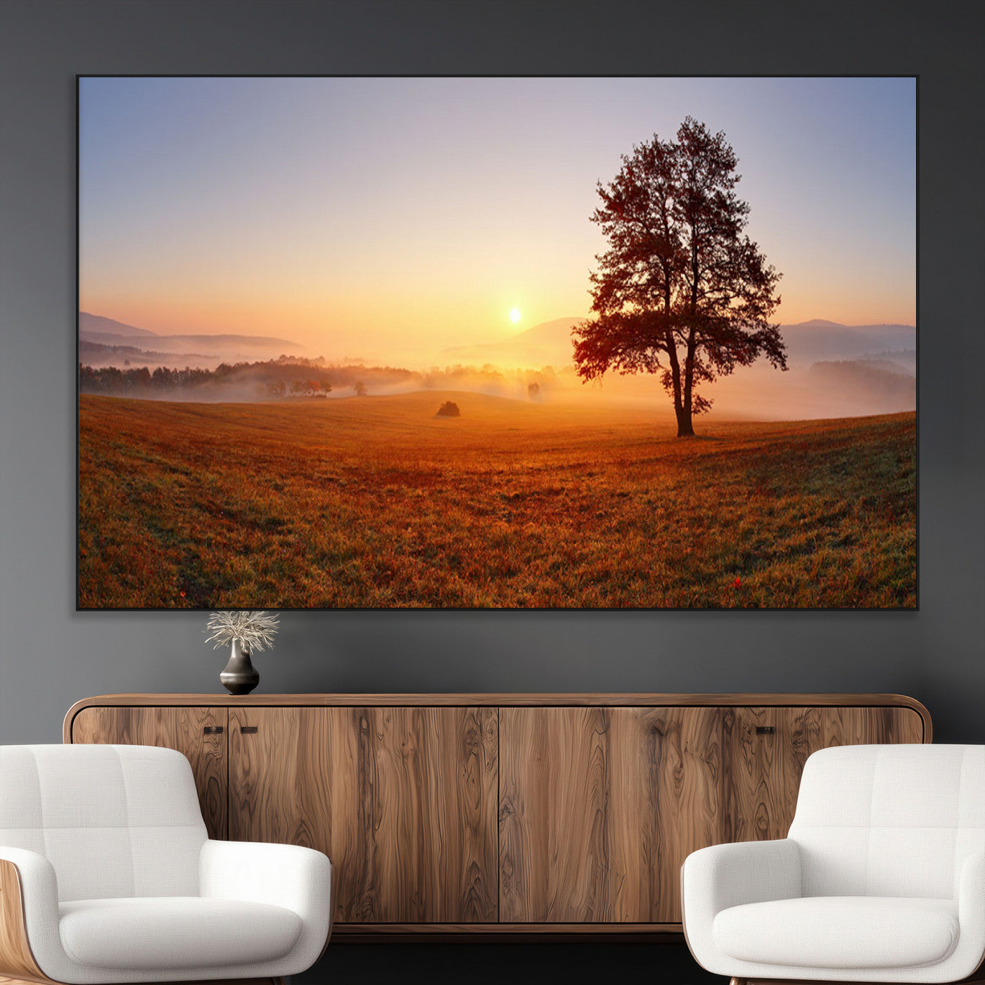 57919623-MGV-CV-36X24-Golden Sunrise Landscape Canvas Wall Art - Framed Misty Field Print, Large Nature Canvas for Living Room, Office, or Home Decor