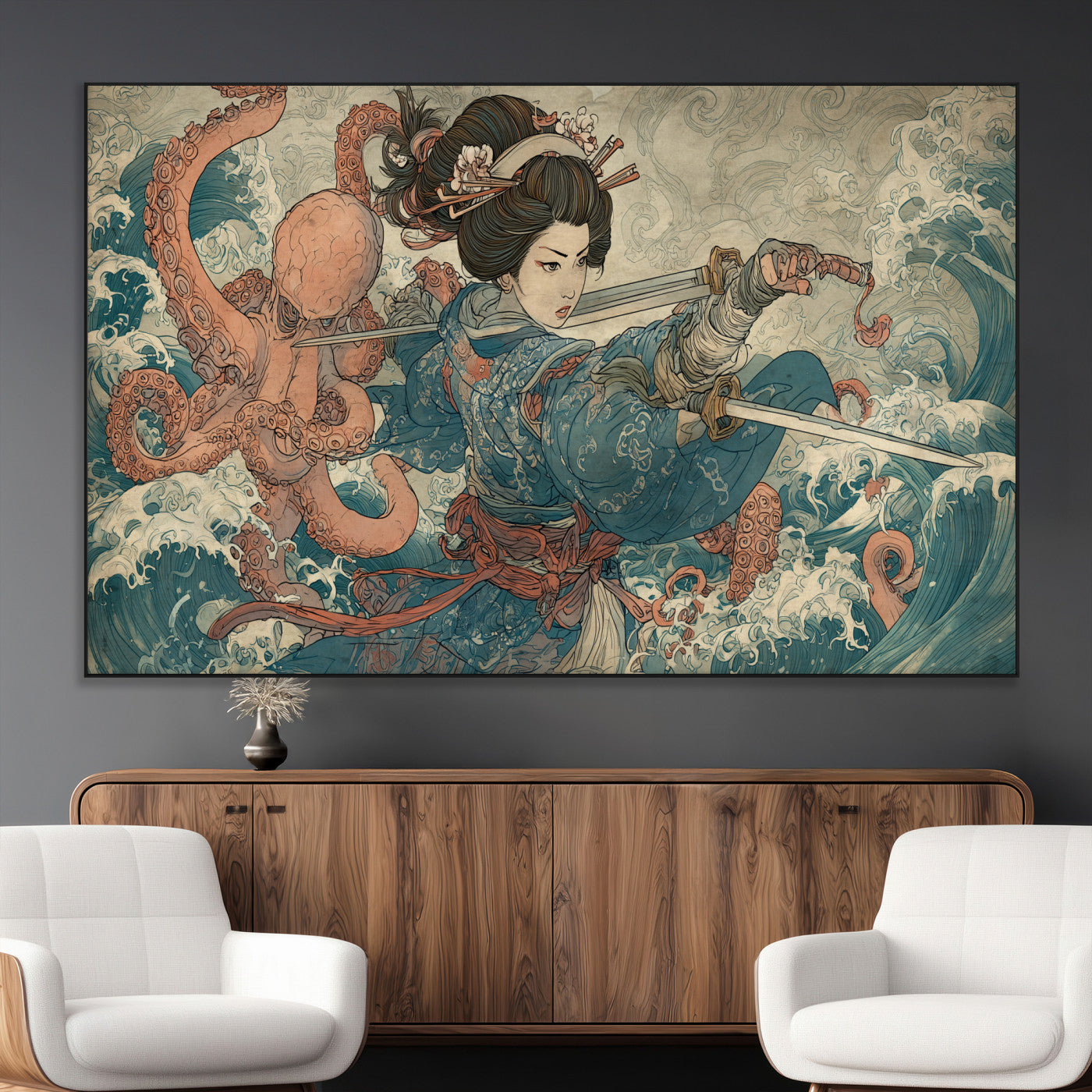 52037775-MGV-CV-36X24-Tsukioka Yoshitoshi Samurai Wall Art Print, Japanese Katana Warrior Canvas Wall Art, Octopus Sea Monster Canvas Print,
